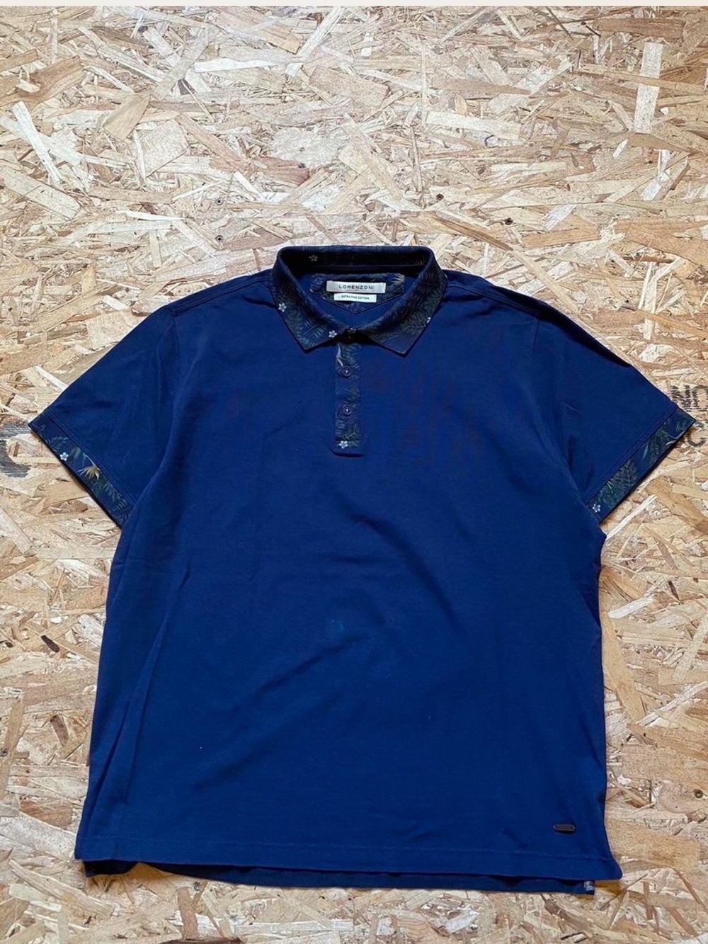 Lorenzoni Navy Polo with Patterned Trim